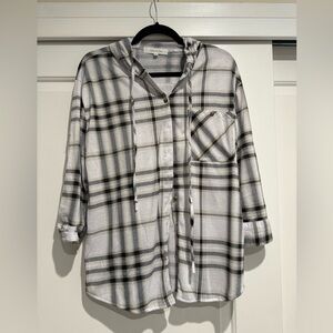 Plaid button up shirt with hood.
